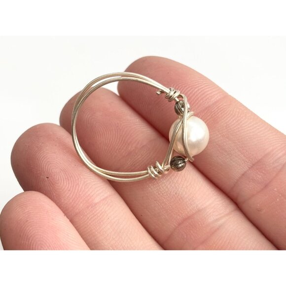 Modernist Genuine Pearl Semi-Bypass Shank Silver Toned Vintage Ring - sz 9 - Picture 8 of 13